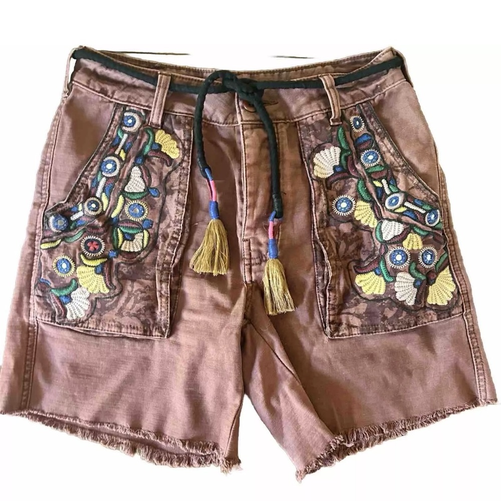 NWT Free People Floral Embroidered Button Fly Cutoff Shorts Brown Womens Size 6